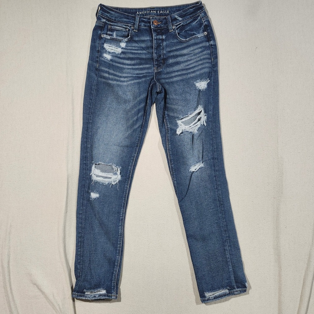 American Eagle Tomgirl Distressed Relaxed Straight Jean Blue 6 X-Long Button Fly - Picture 2 of 14